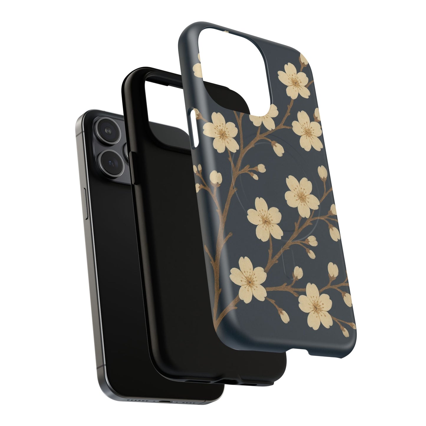 Navy Cherry Blossom Floral iPhone Case - Compatible with MagSafe