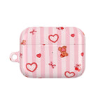 Pink Teddy Hearts AirPod Case, Cute Striped Protective Cover