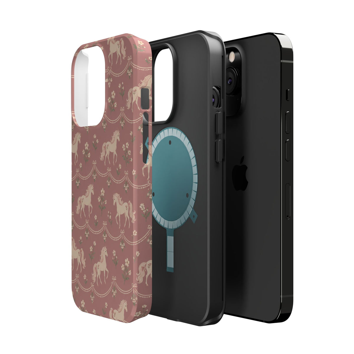 Rose Ponies MagSafe Phone Case, glossy square triple-camera Pro model, exploded shell and liner with magnetic ring