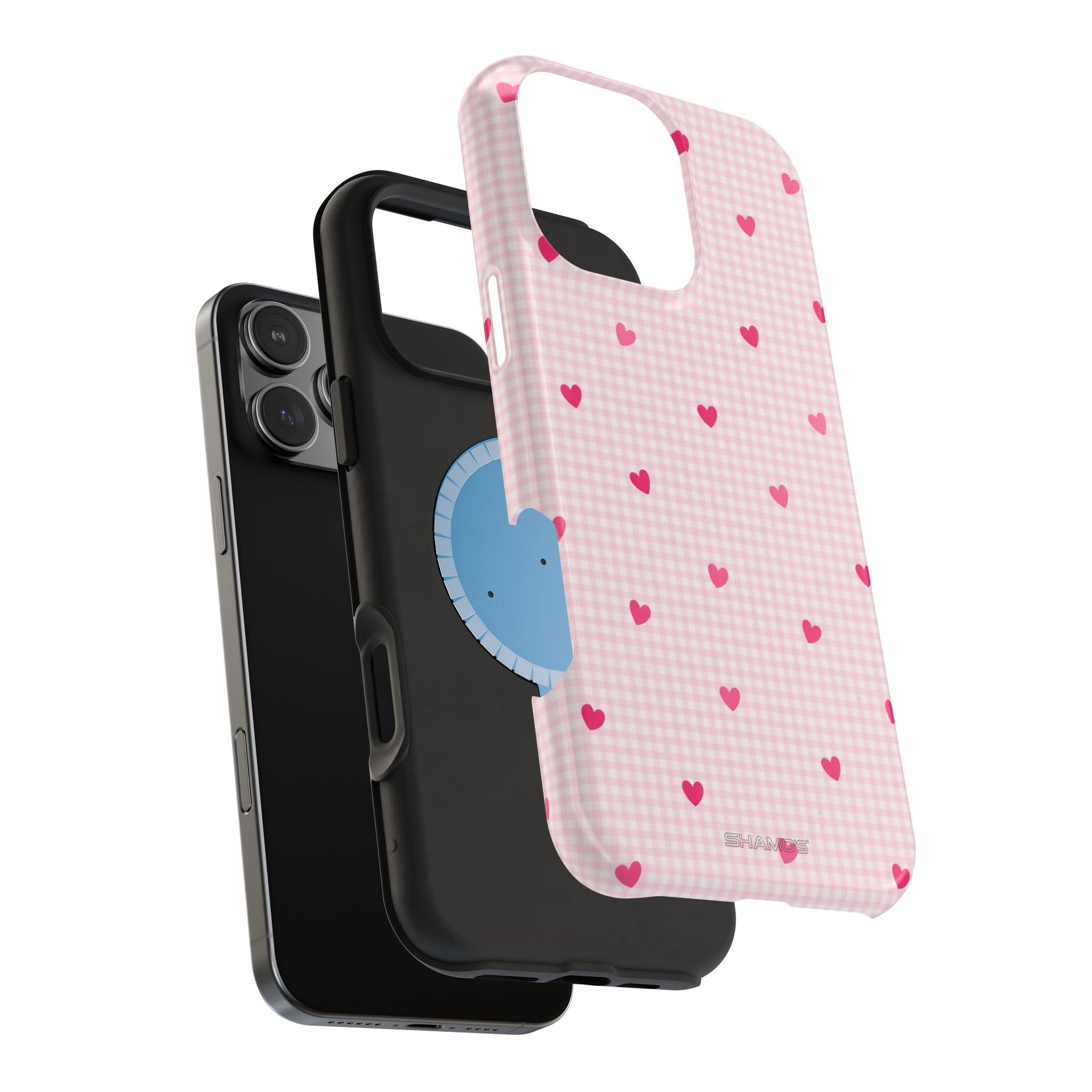 Pink Heart Gingham MagSafe iPhone Case, Impact‑Resistant, Magnetic Protection