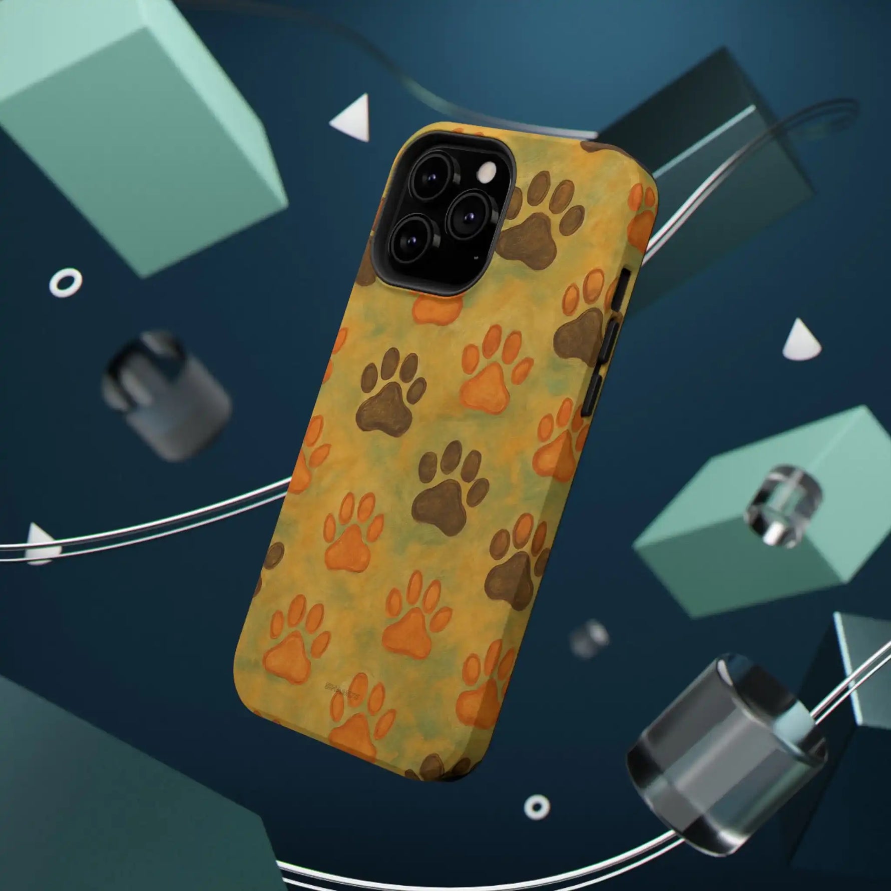 iPhone 13 Pro case size with brown and orange paw print pattern floating in abstract 3D space