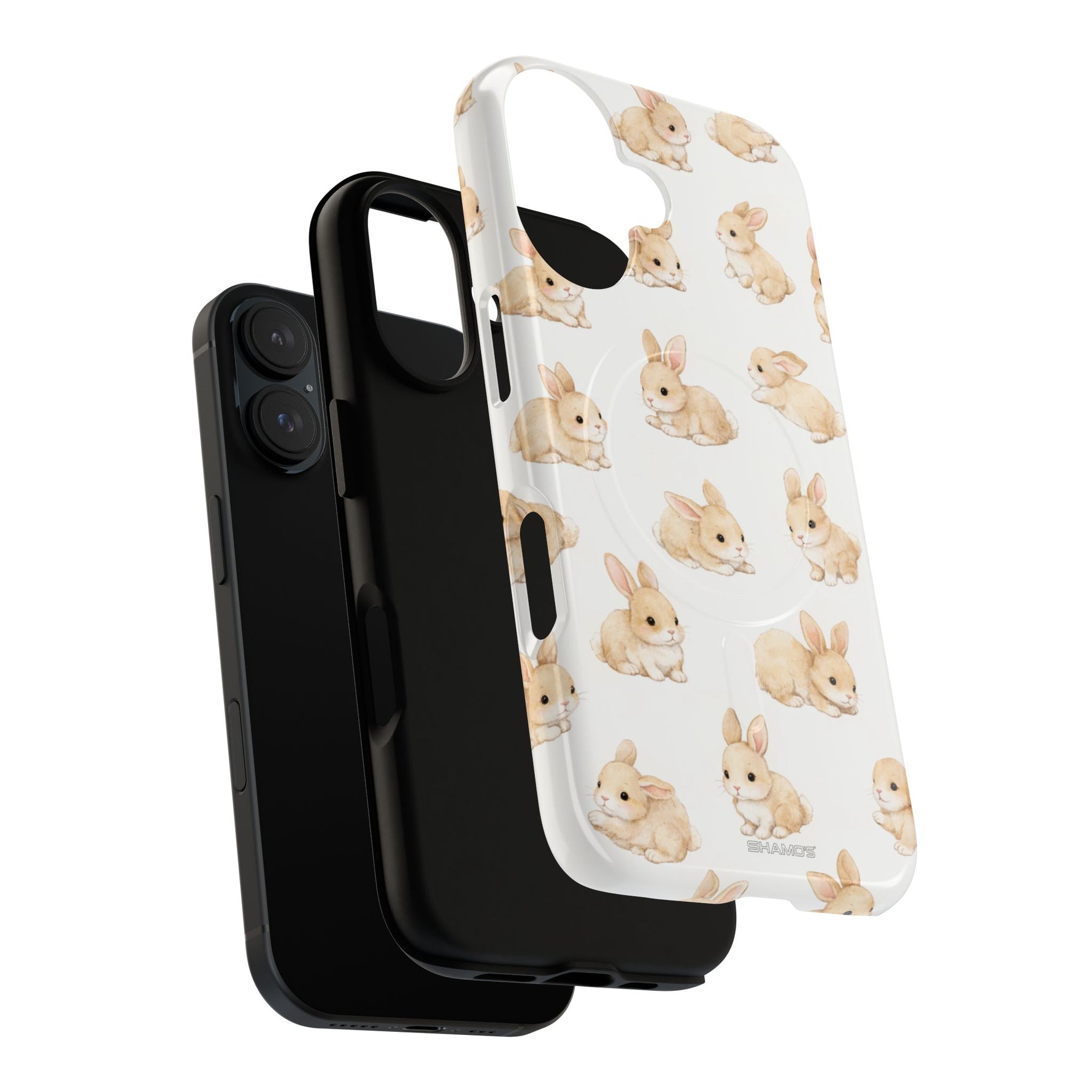 Two variant size phone cases for iPhone, one black and one with cute bunny pattern