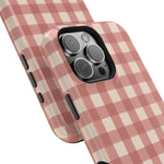 Prairie Gingham MagSafe Phone Case, glossy square triple-camera Pro model, camera and side-button close-up