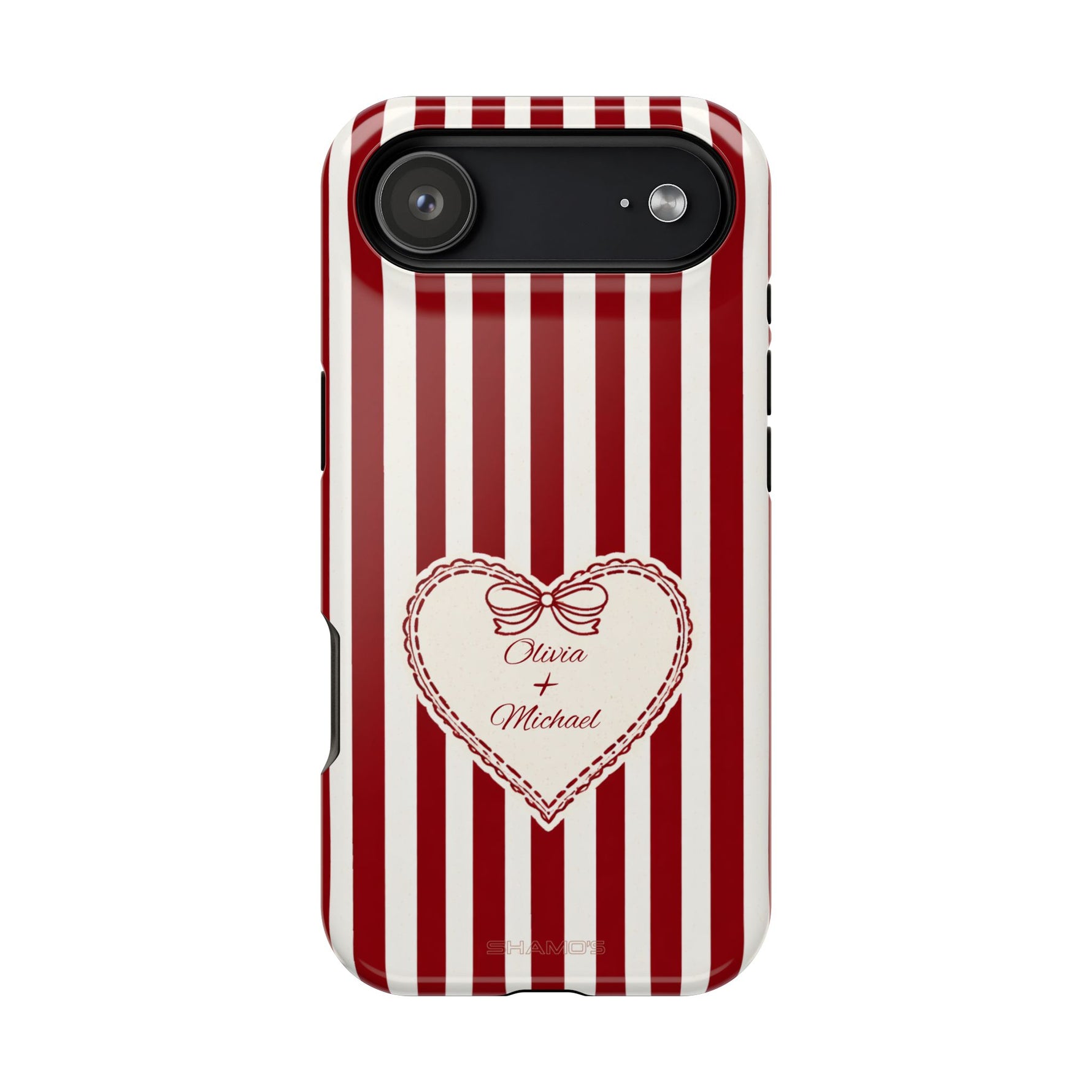Funda personalizada a rayas — Diseño de corazón rojo y blanco (nombres personalizados)