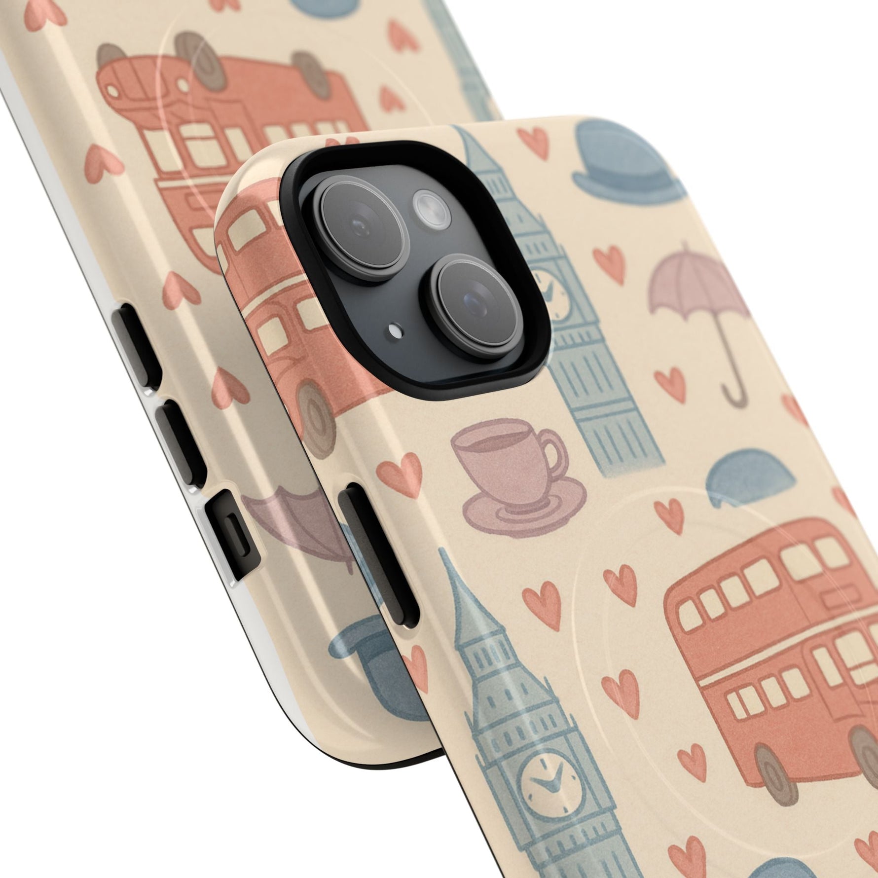 London Icons Hand-Drawn iPhone Case — Cute Double-Decker Bus & Big Ben Pattern with MagSafe compatibility  Shamo's