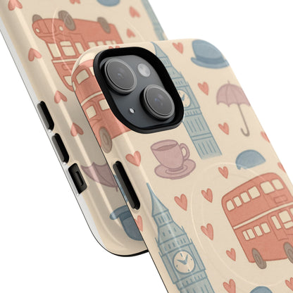 London Icons Hand-Drawn iPhone Case — Cute Double-Decker Bus & Big Ben Pattern with MagSafe compatibility