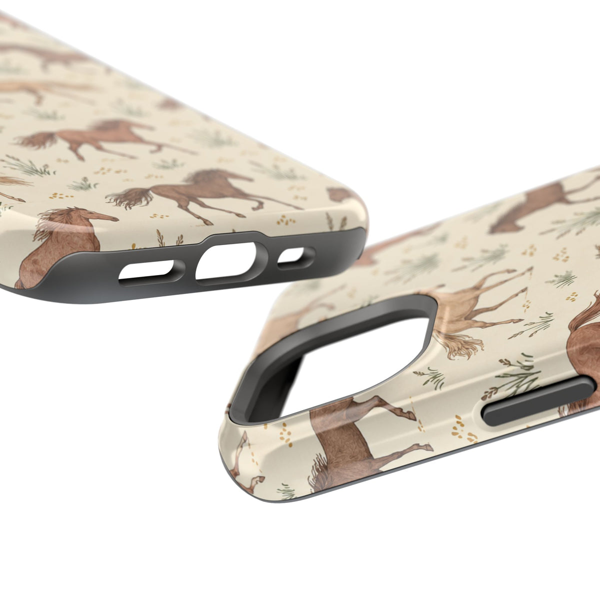 Wild Mustangs – Western Horse Pattern MagSafe Phone Case, glossy diagonal dual-camera model, port openings and edge details