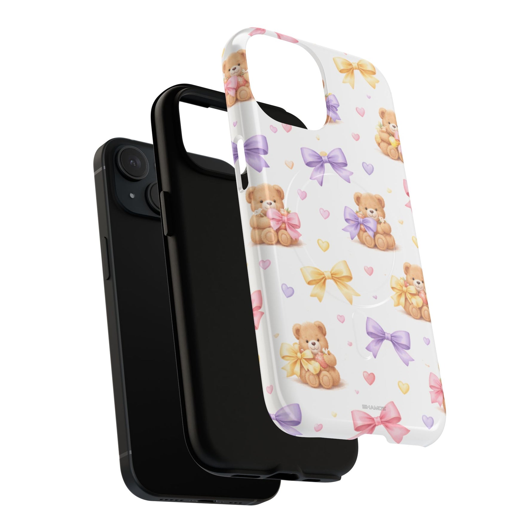 Black iPhone with two phone case variants, one plain black and one white with teddy bears and colorful bows pattern