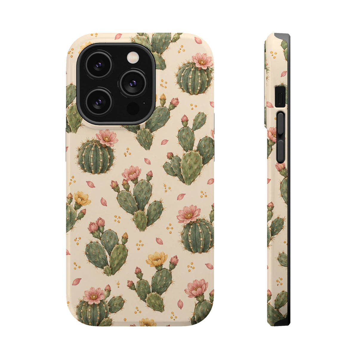 Cactus Bloom – Sage Green Floral Cactus MagSafe Phone Case, glossy iPhone 14 Pro, rear and side profile