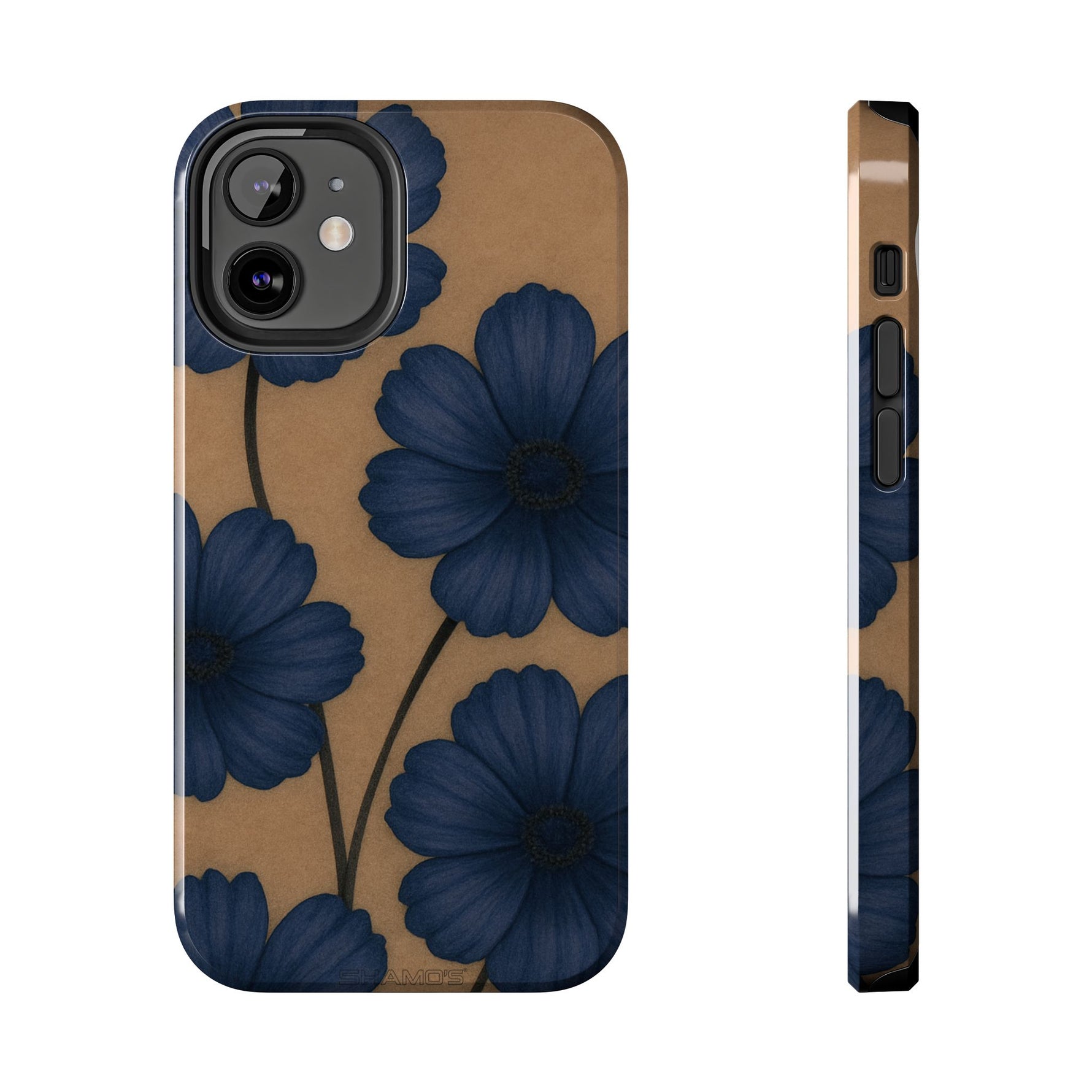 Navy Floral Tough Phone Case — Durable Protective Case with Blue Flowers on Kraft Background