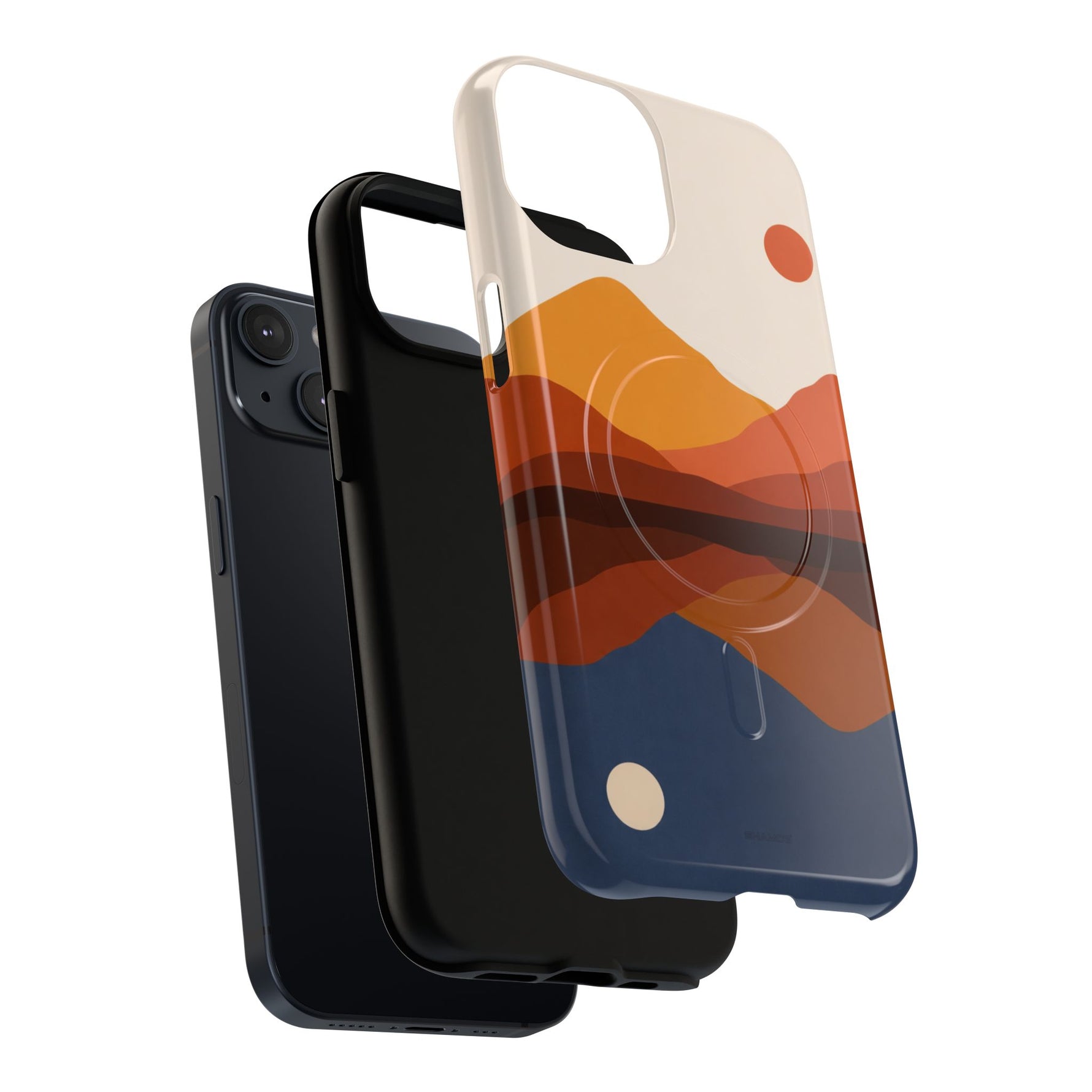 iPhone 13 in navy blue with two cases, one black and one with orange, red, and blue mountain design, showing size variant