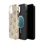 Prairie Horseshoes MagSafe Phone Case, glossy diagonal dual-camera model, exploded shell and liner with magnetic ring
