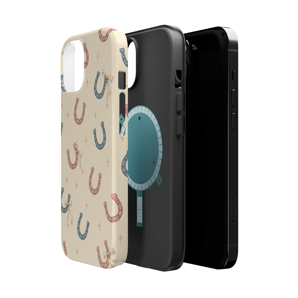 Prairie Horseshoes MagSafe Phone Case, glossy diagonal dual-camera model, exploded shell and liner with magnetic ring
