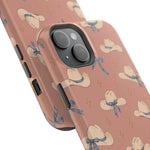 Ribbon Rodeo – Cowgirl Hat and Bow MagSafe Phone Case, Pink, glossy diagonal dual-camera model, camera and side-button close-up