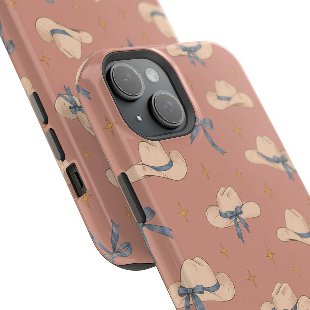 Ribbon Rodeo – Cowgirl Hat and Bow MagSafe Phone Case, Pink, glossy diagonal dual-camera model, camera and side-button close-up