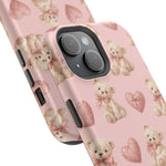 Pink Teddy Hearts Love iPhone Case, Impact-Resistant MagSafe Compatible