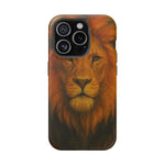 iPhone case featuring close-up lion face artwork in warm orange and brown tones, variant size shown
