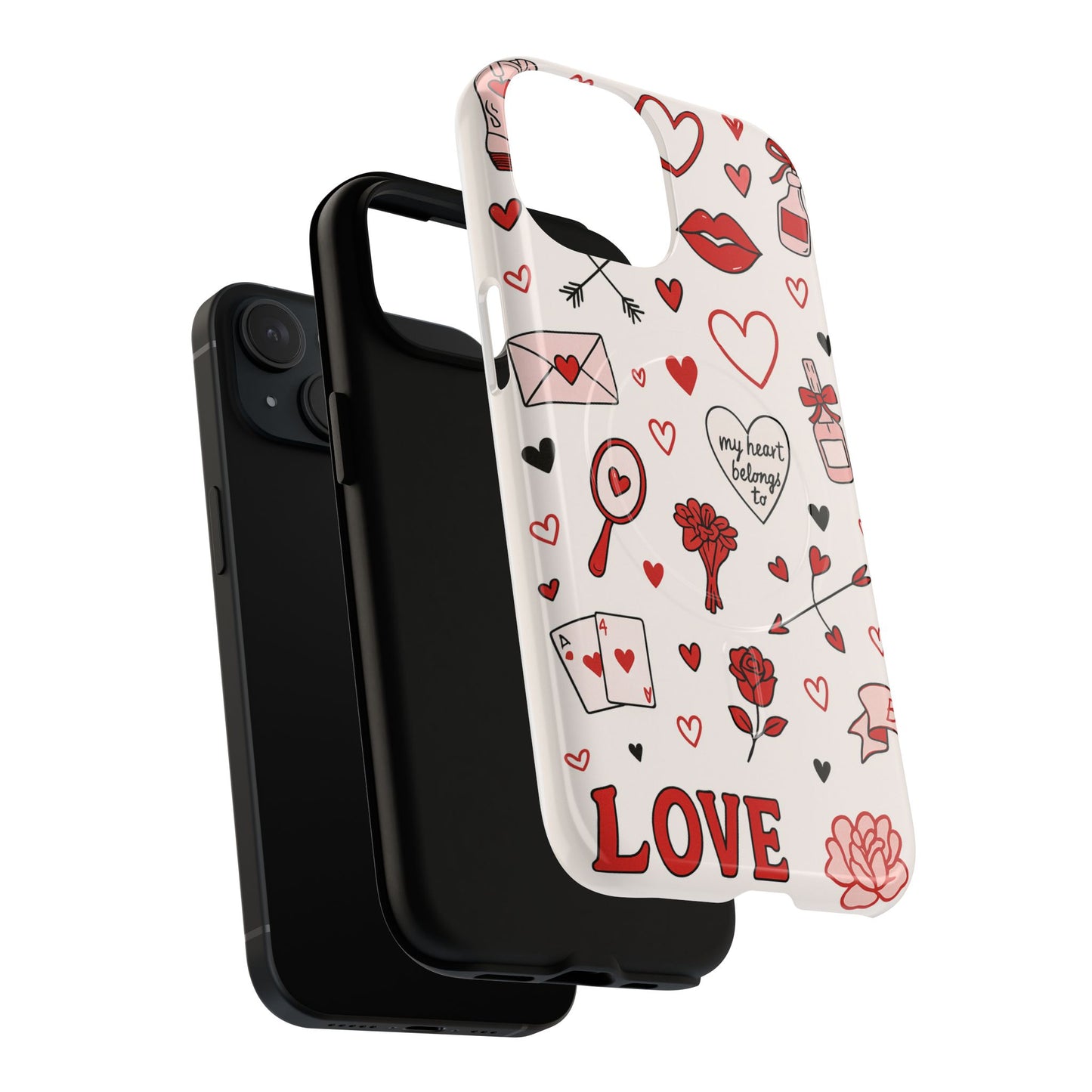 Romantic Love Doodle Tough iPhone Case ("LOVE", hearts, roses) (MagSafe compatible)