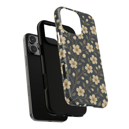 Navy Cherry Blossom Floral iPhone Case - Compatible with MagSafe