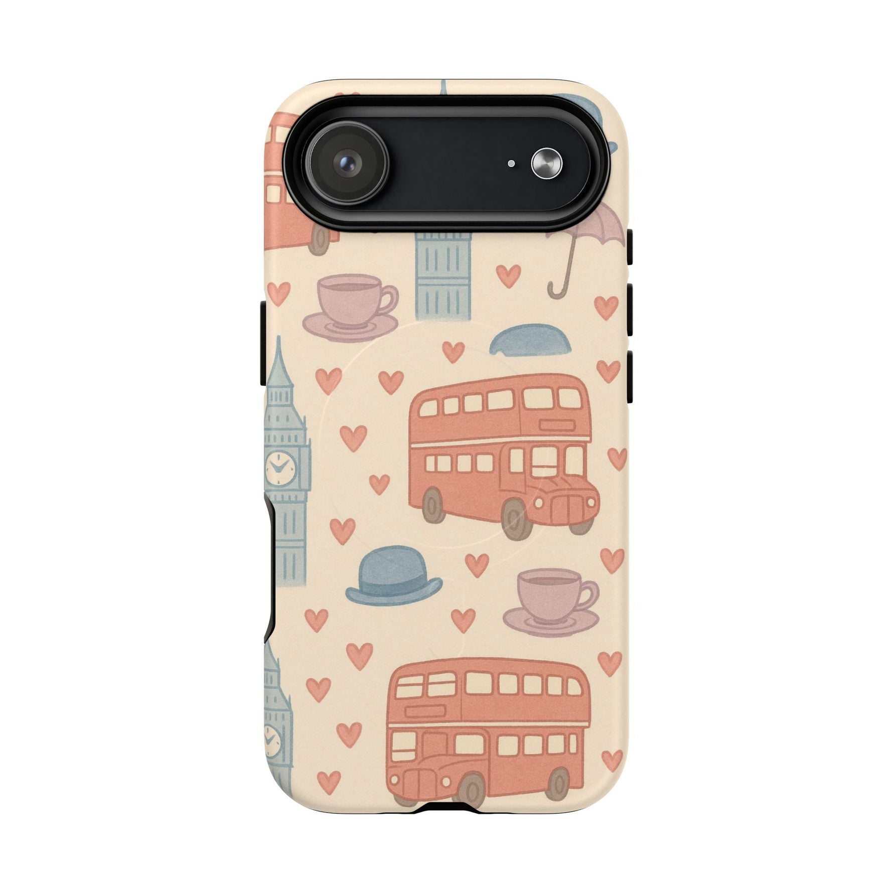 London Icons Hand-Drawn iPhone Case — Cute Double-Decker Bus & Big Ben Pattern with MagSafe compatibility  Shamo's iPhone 17 Air / Matte