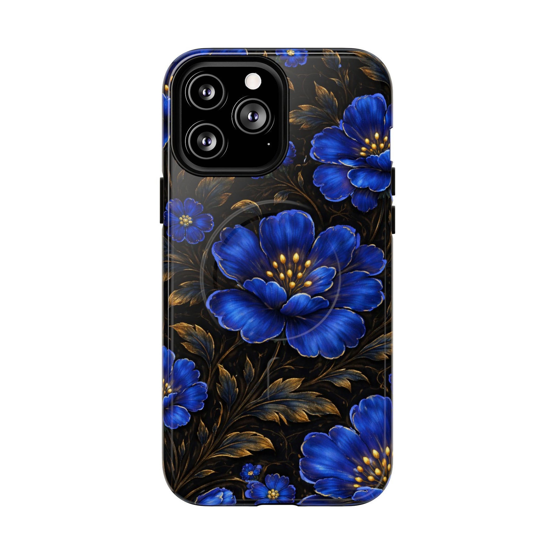 Phone case with large and small blue flowers and gold leaves on black background, showing variant size