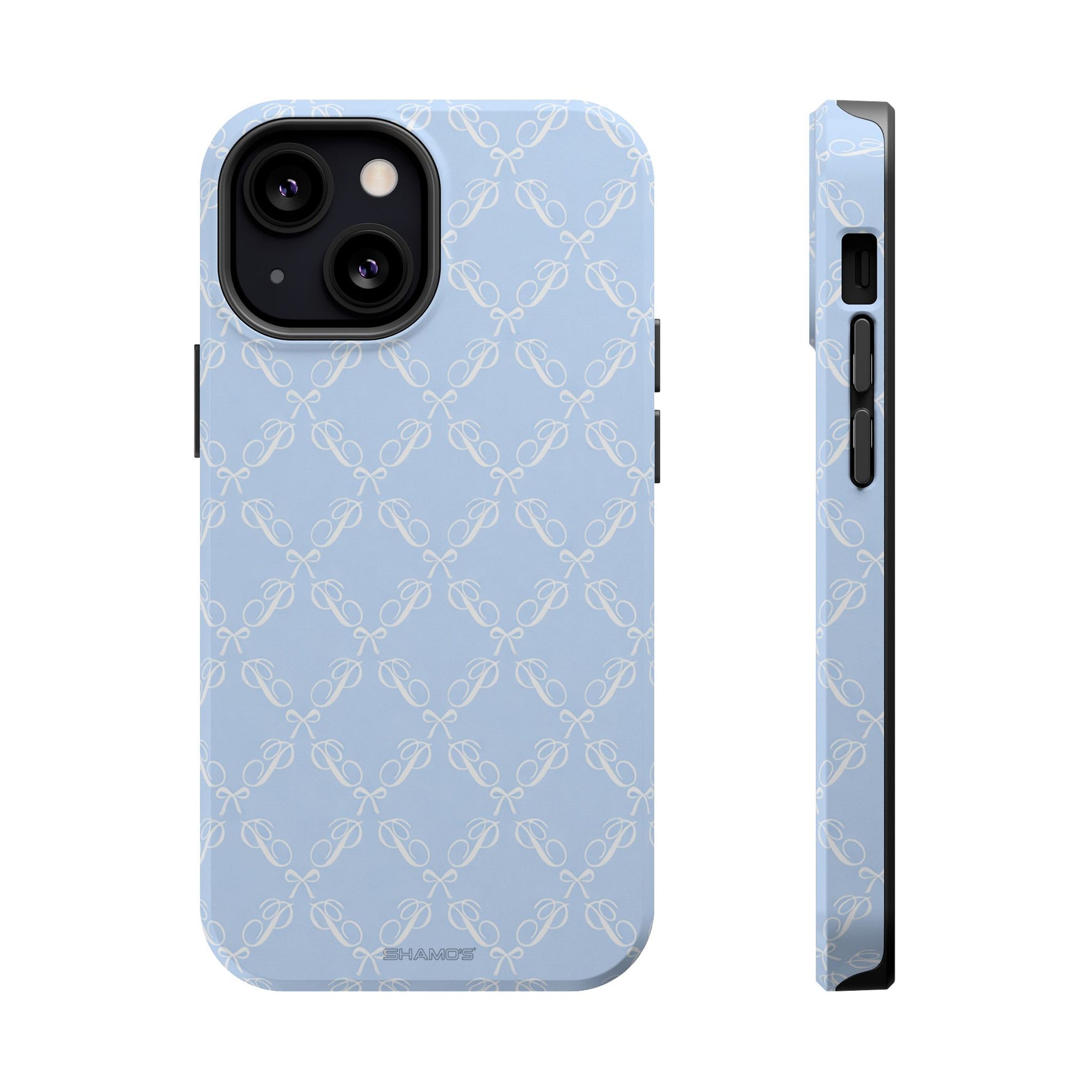 Light Blue Bow-Pattern Impact iPhone Case | MagSafe - iPhone 13 Mini / Glossy - Shamo's