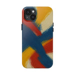 Abstract Brushstroke Tough Phone Case — Colorful Red, Blue & Yellow Protective Cover  Shamo's iPhone 15 Plus