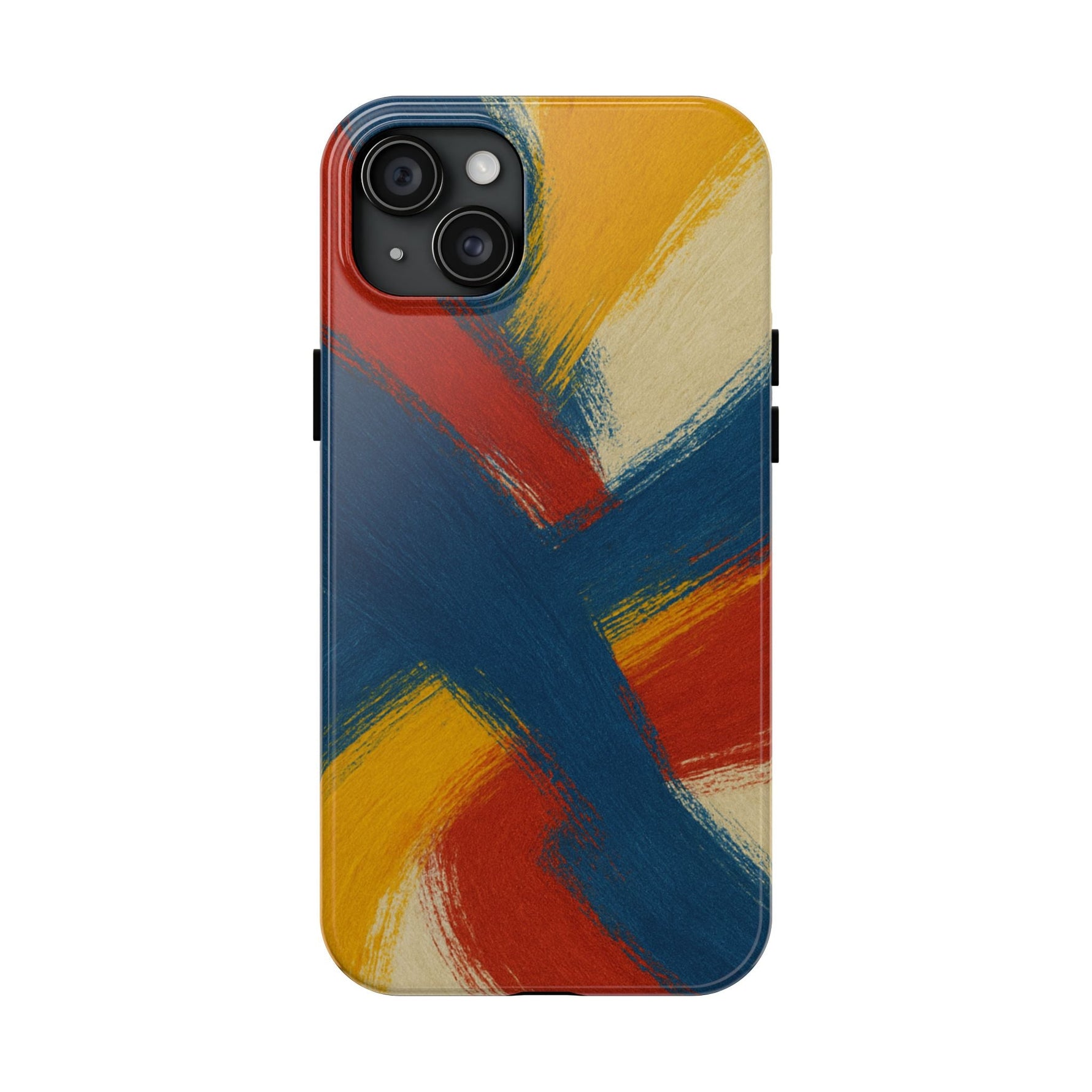 Abstract Brushstroke Tough Phone Case — Colorful Red, Blue & Yellow Protective Cover  Shamo's iPhone 15 Plus