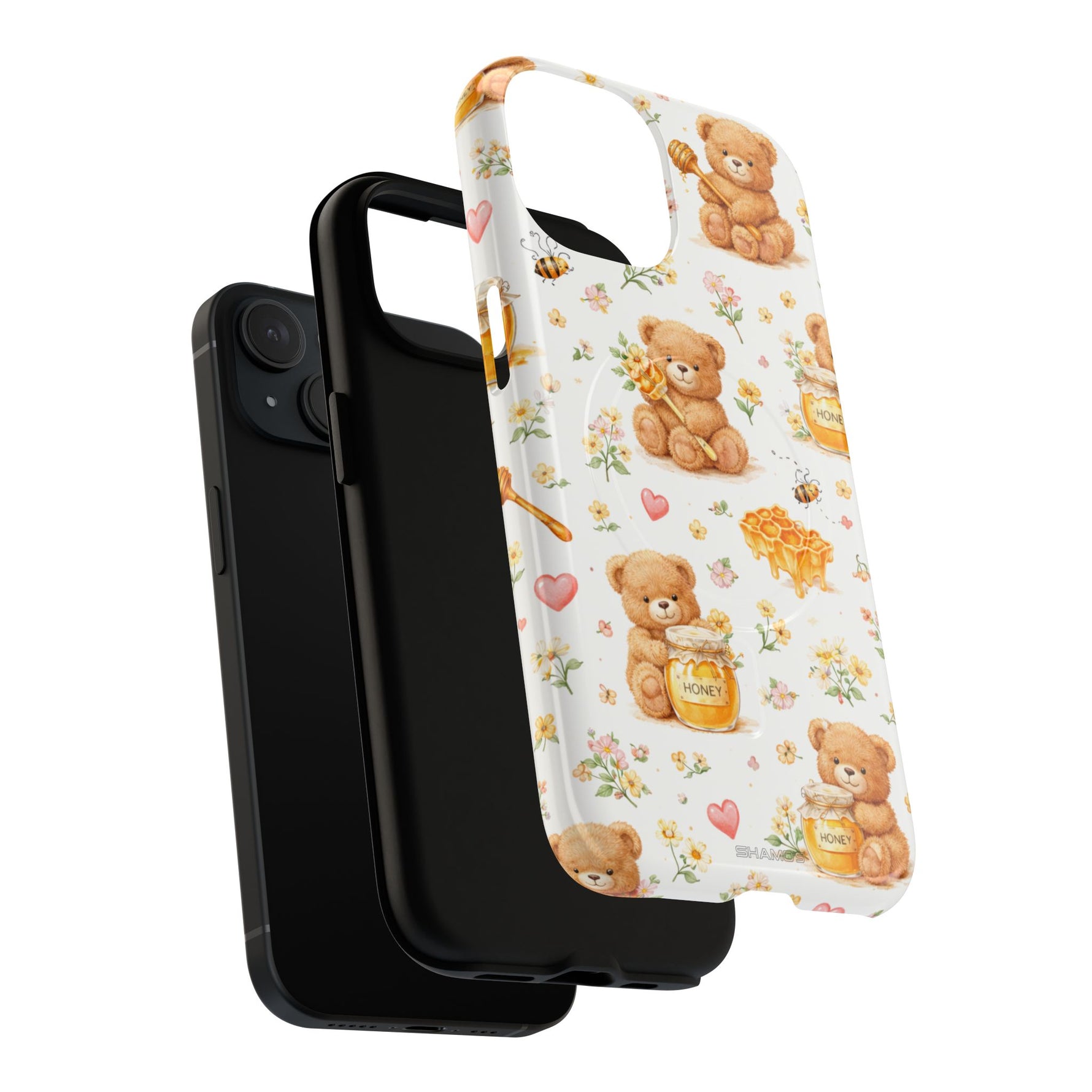 Honey Teddy Bear iPhone Case — Yellow Bee & Honey Pot Design with MagSafe