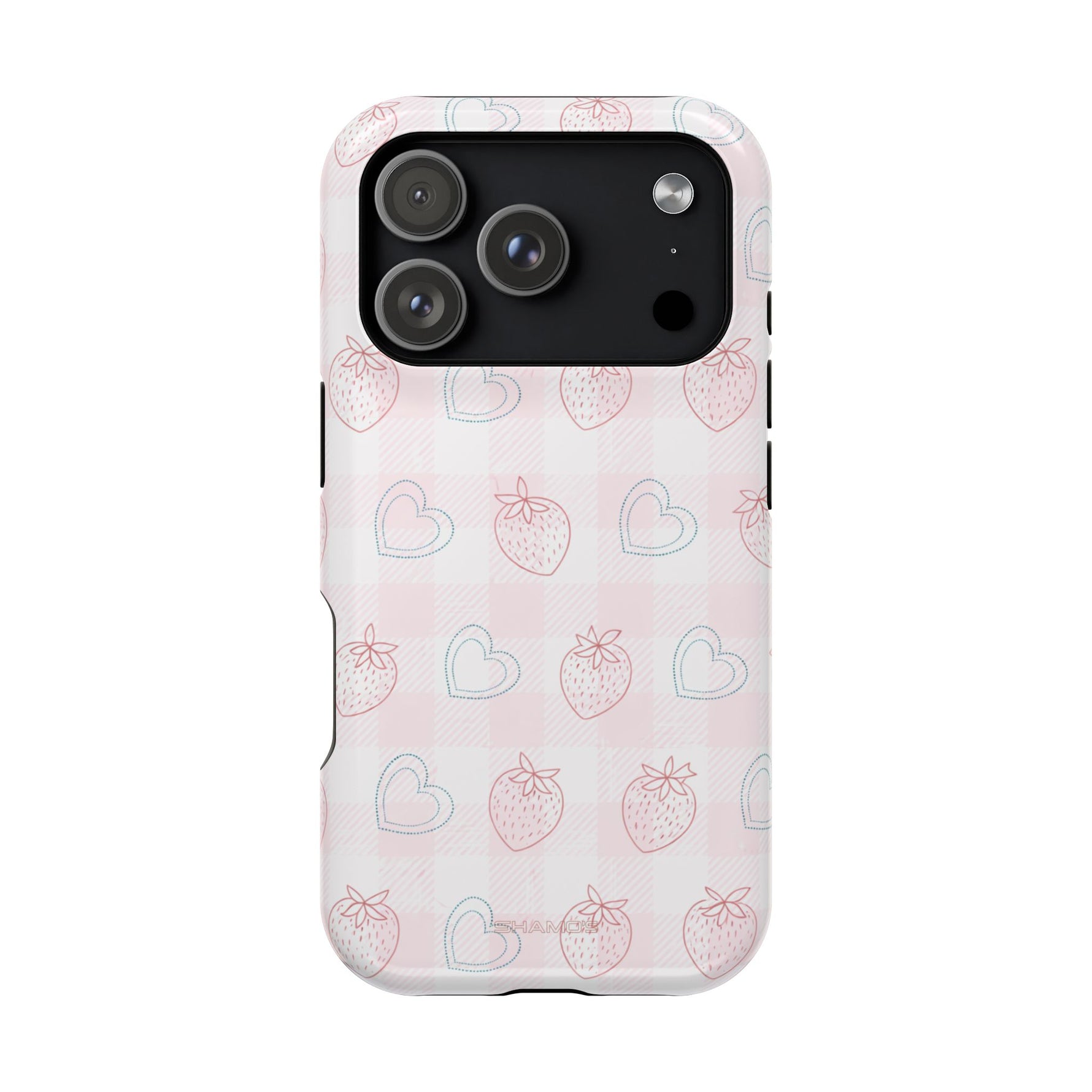 Strawberry Hearts MagSafe Compatible Phone Case | 'Paint it your way' Pink Plaid Impact-Resistant