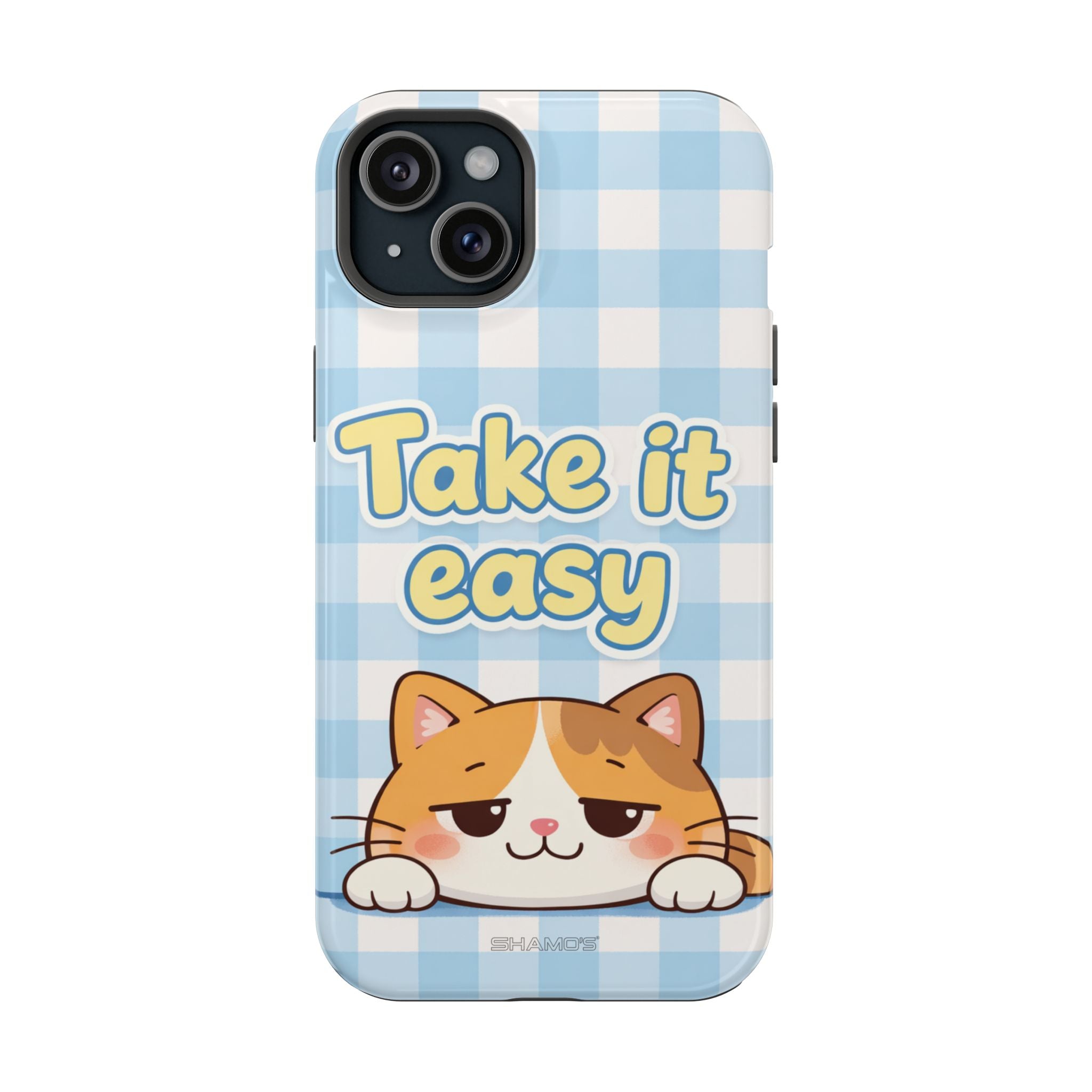 Phone case with a cartoon orange cat and Take it easy lettering on blue and white gingham