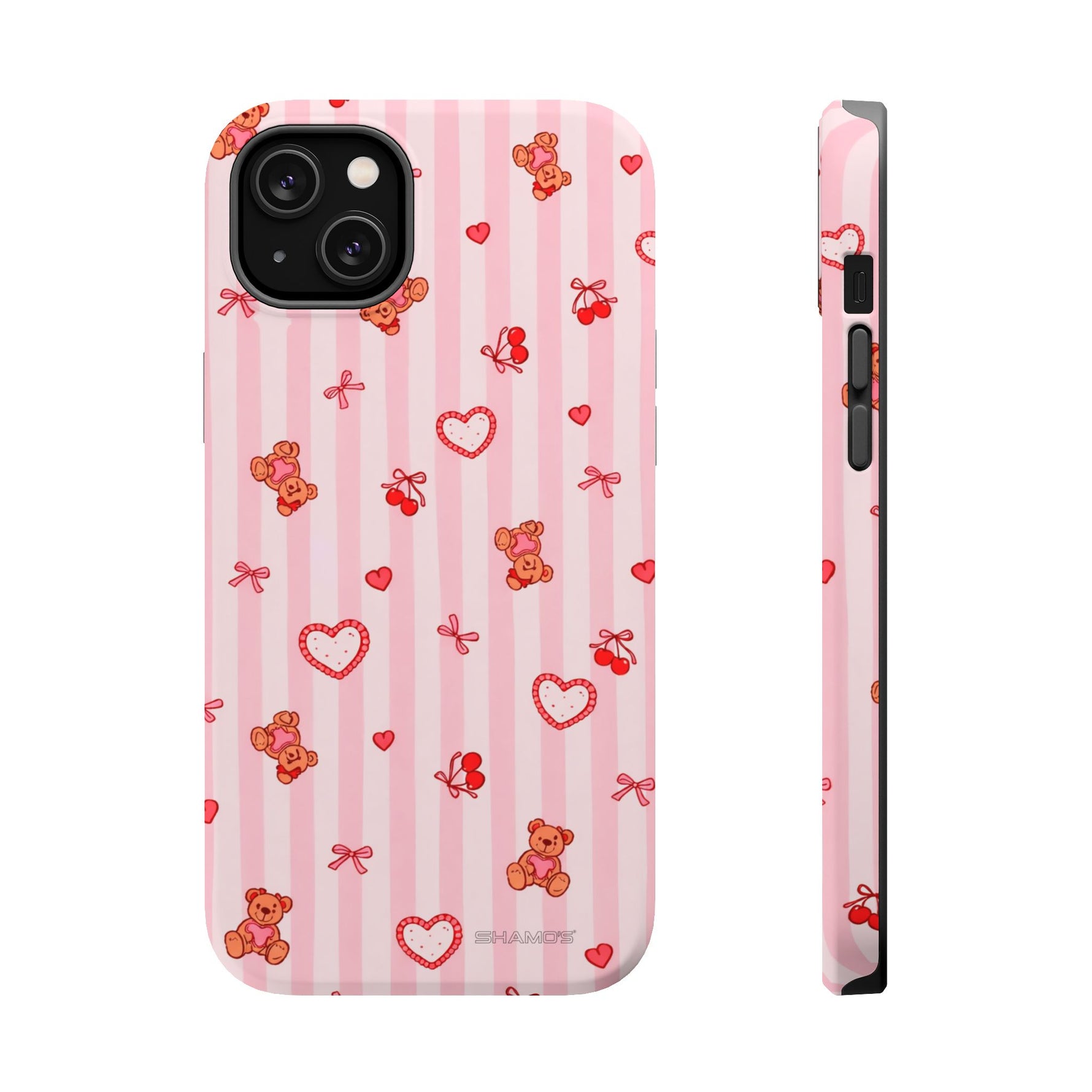 Pink Teddy Hearts Love iPhone Case, Impact-Resistant MagSafe Compatible