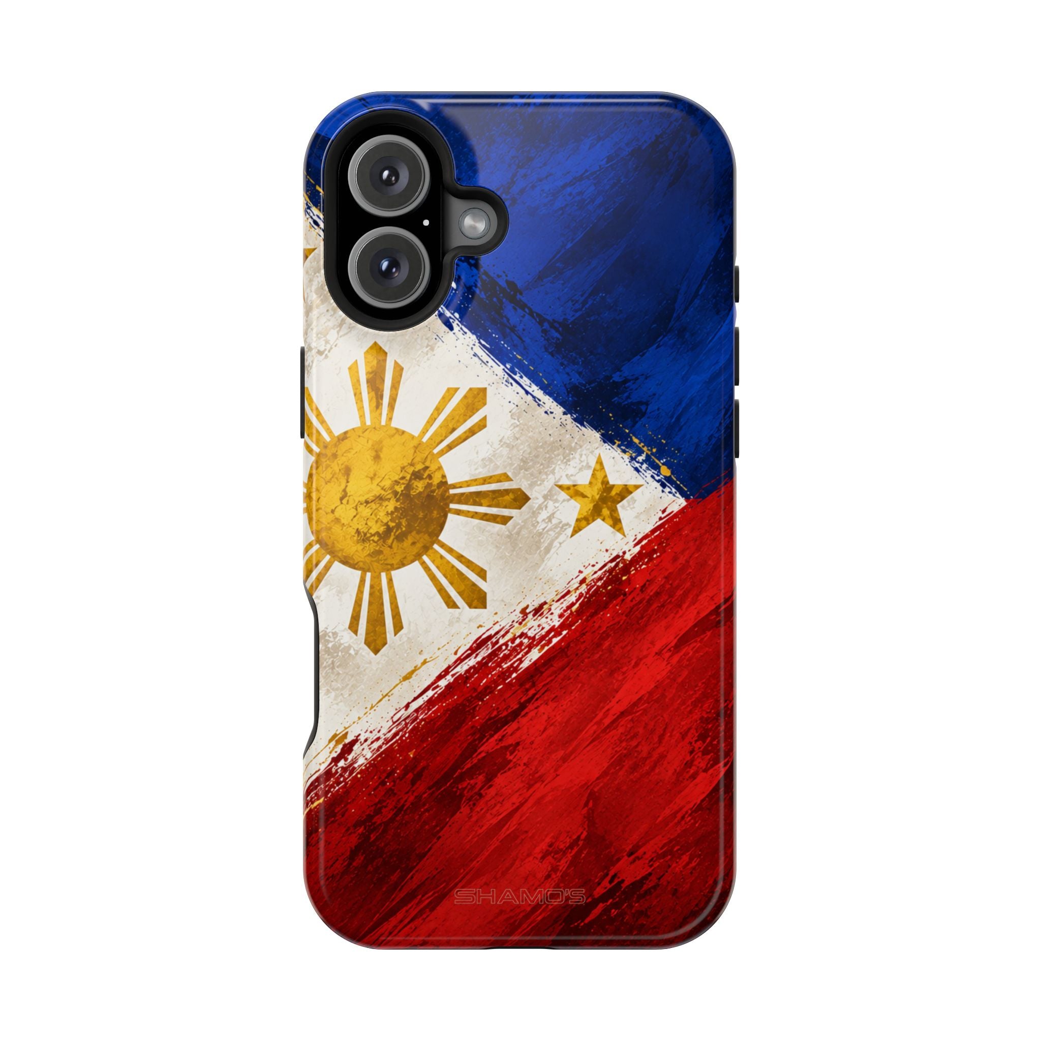 Phone case with a painterly Philippine flag design in blue, red, white, and gold #iphone-16-plus