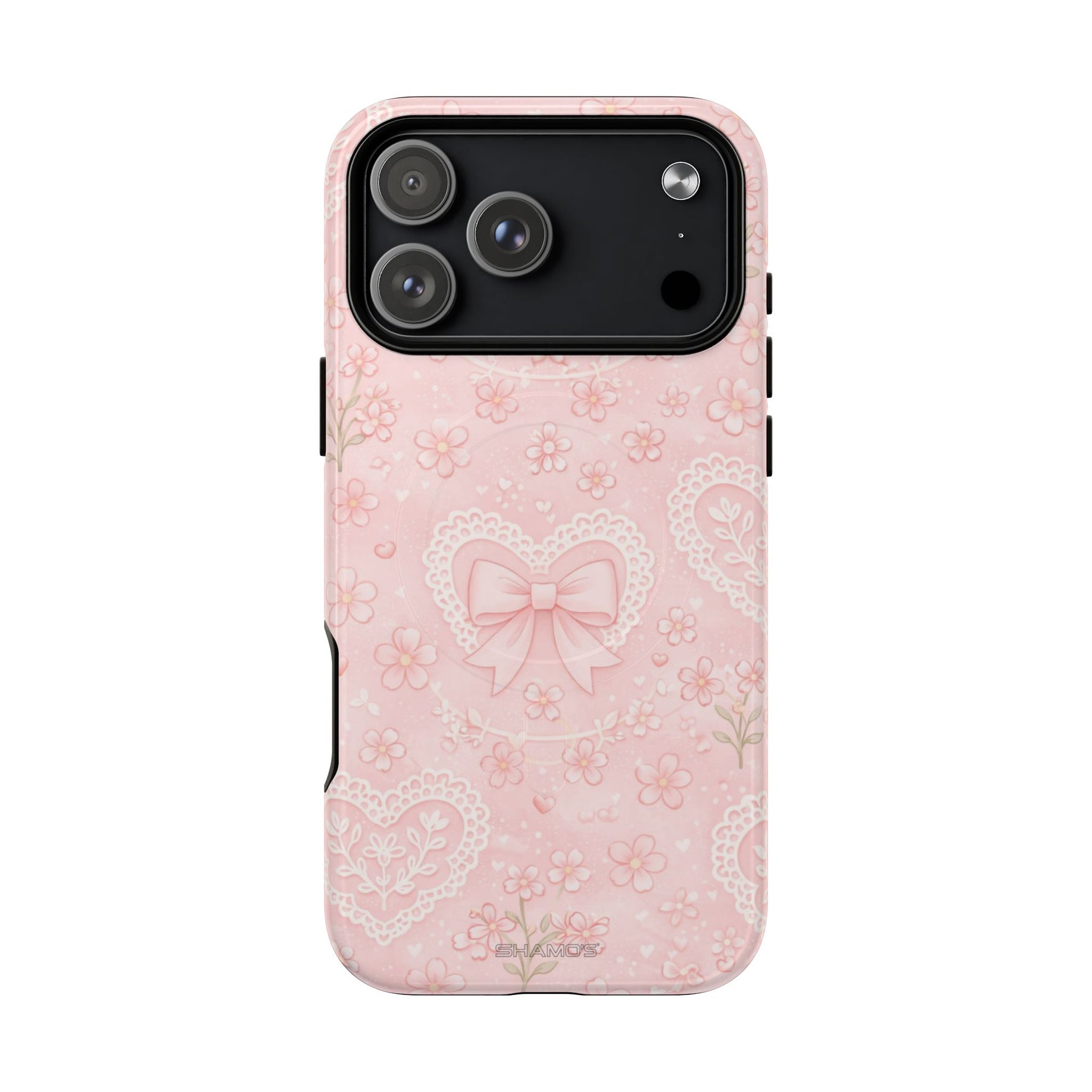 Balletcore Pink Floral Lace iPhone Case with Bow | Works with MagSafe - iPhone 17 Pro Max / Glossy - Shamo's