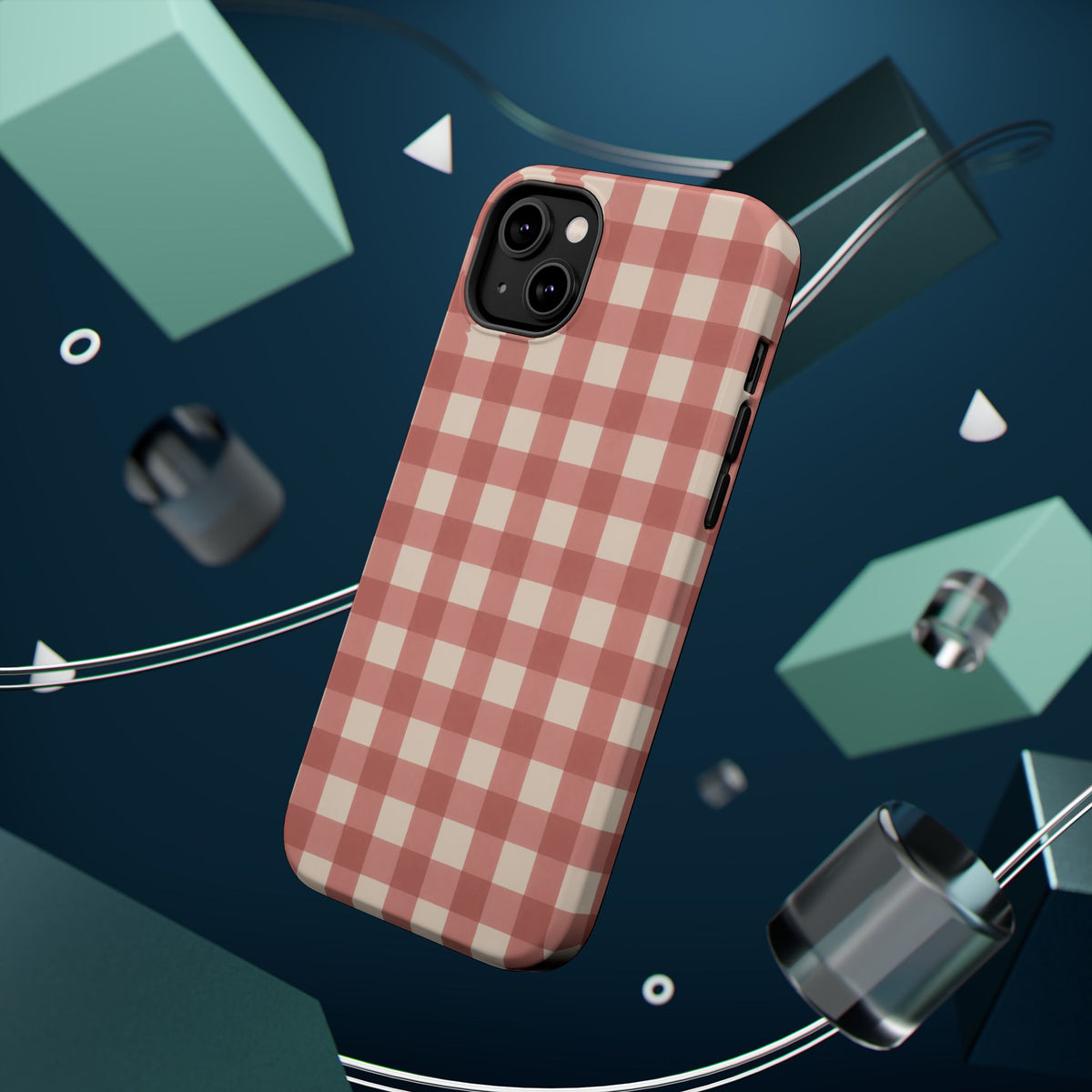 Prairie Gingham MagSafe Phone Case, glossy diagonal dual-camera model, rear view with magnetic accessories