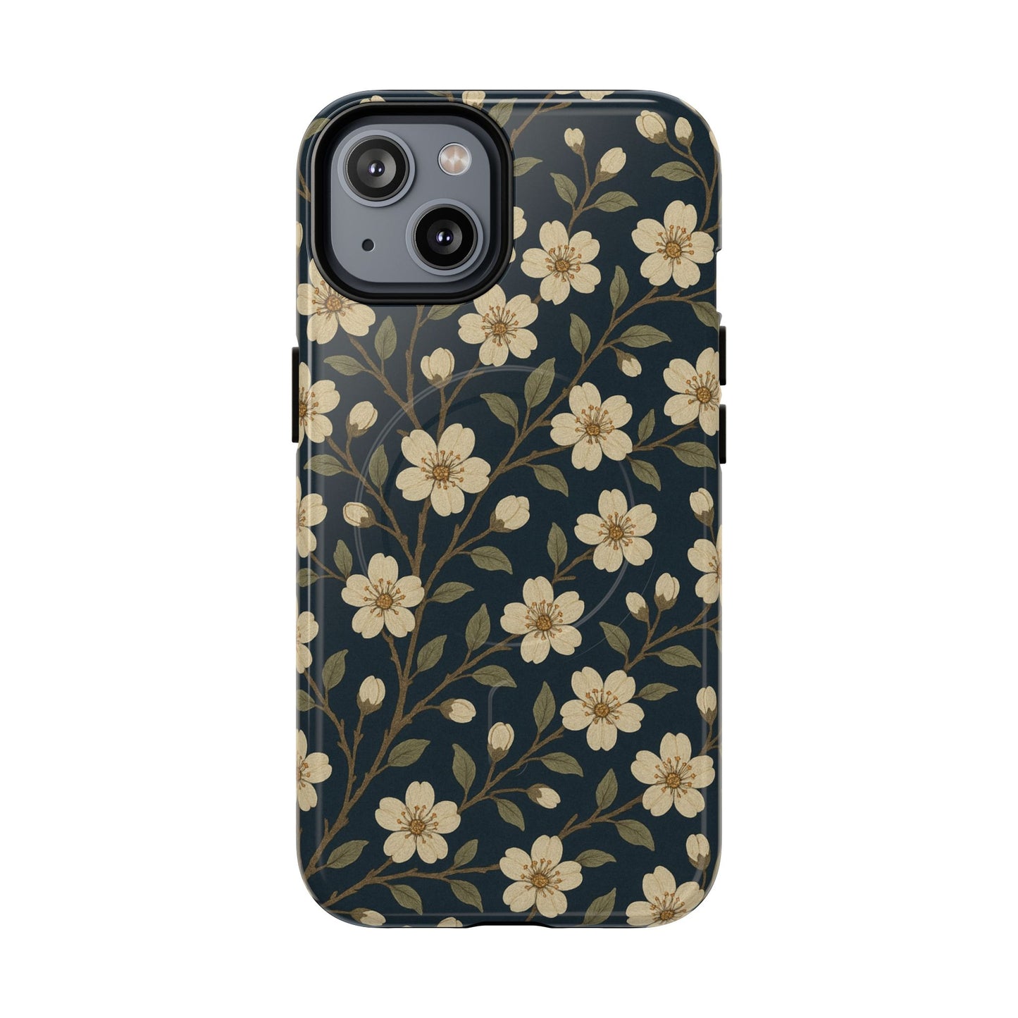 Navy Cherry Blossom Floral iPhone Case - Compatible with MagSafe