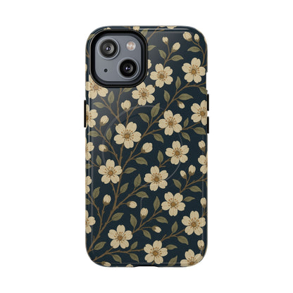 Navy Cherry Blossom Floral iPhone Case - Compatible with MagSafe