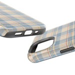 Ranch Check – Blue and Cream Plaid MagSafe Phone Case, glossy diagonal dual-camera model, port openings and edge details