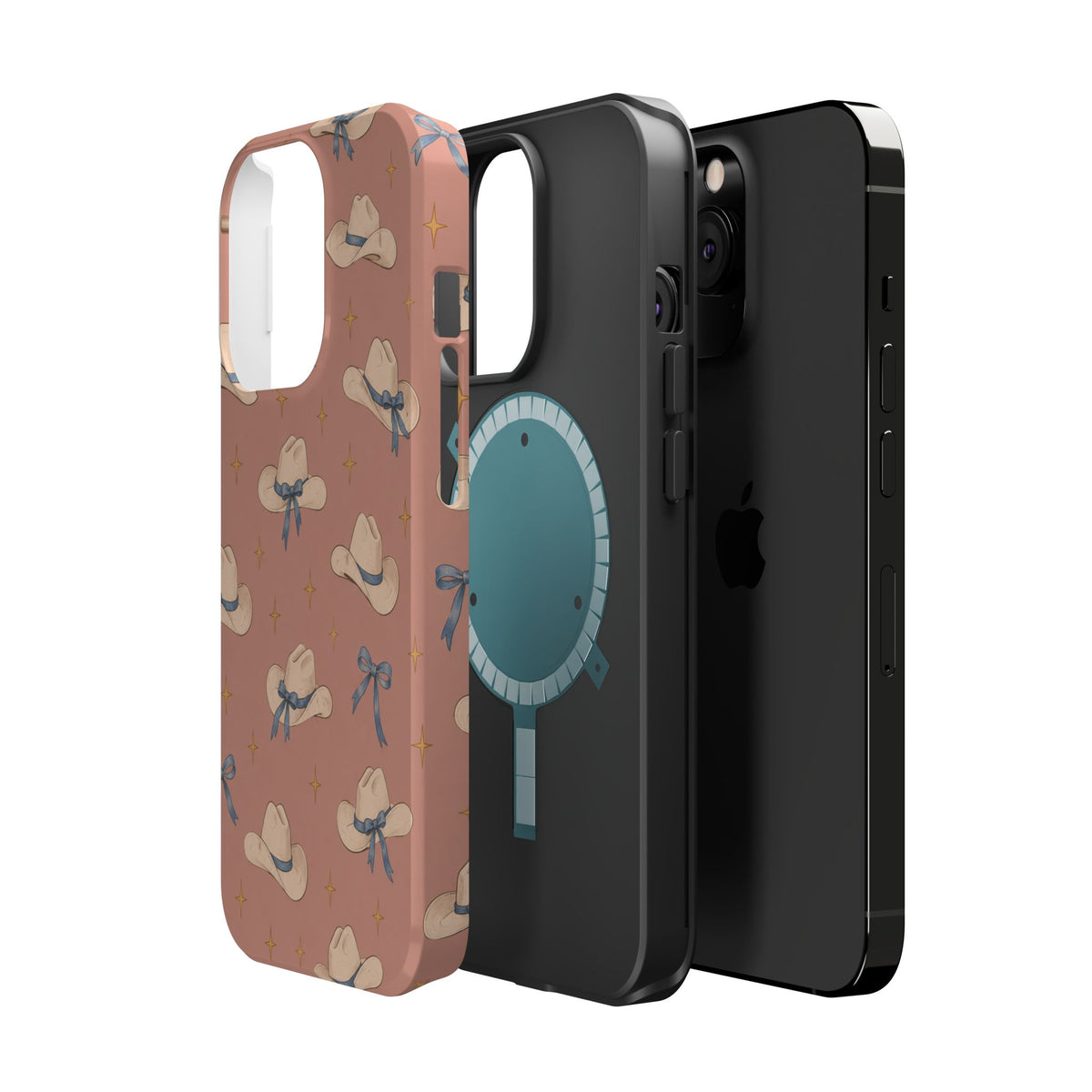Ribbon Rodeo – Cowgirl Hat and Bow MagSafe Phone Case, Pink, glossy square triple-camera Pro model, exploded shell and liner with magnetic ring