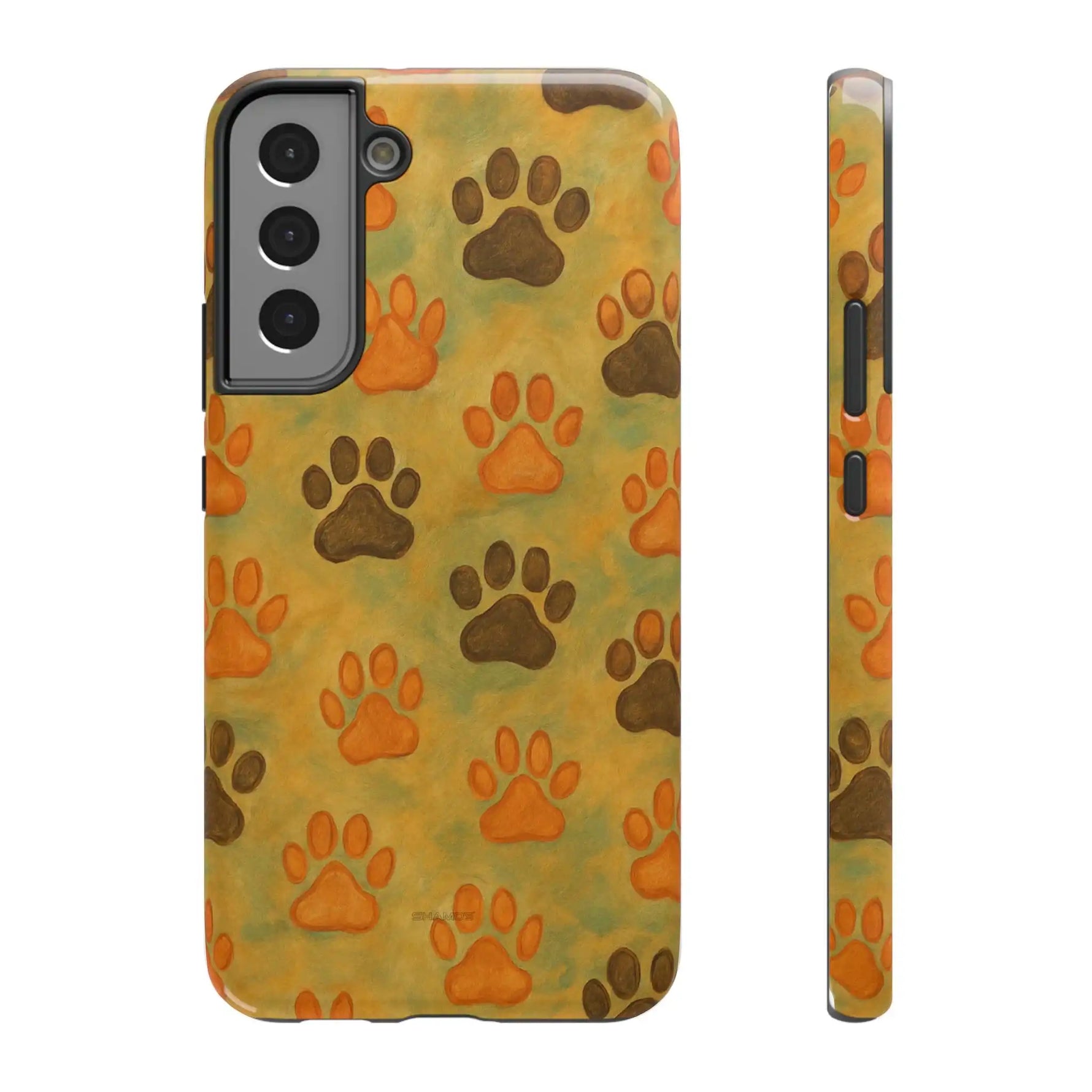 Phone case with orange and brown paw print pattern on yellow background shown front and side views