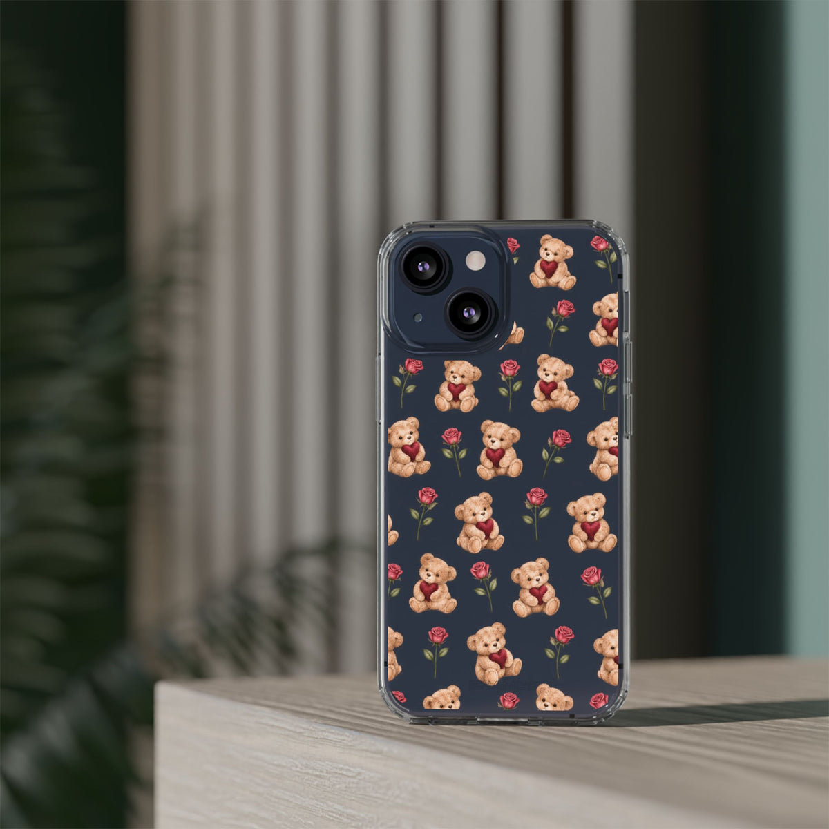 Romantic Teddy Bear Impact-Resistant Phone Case with Heart Design