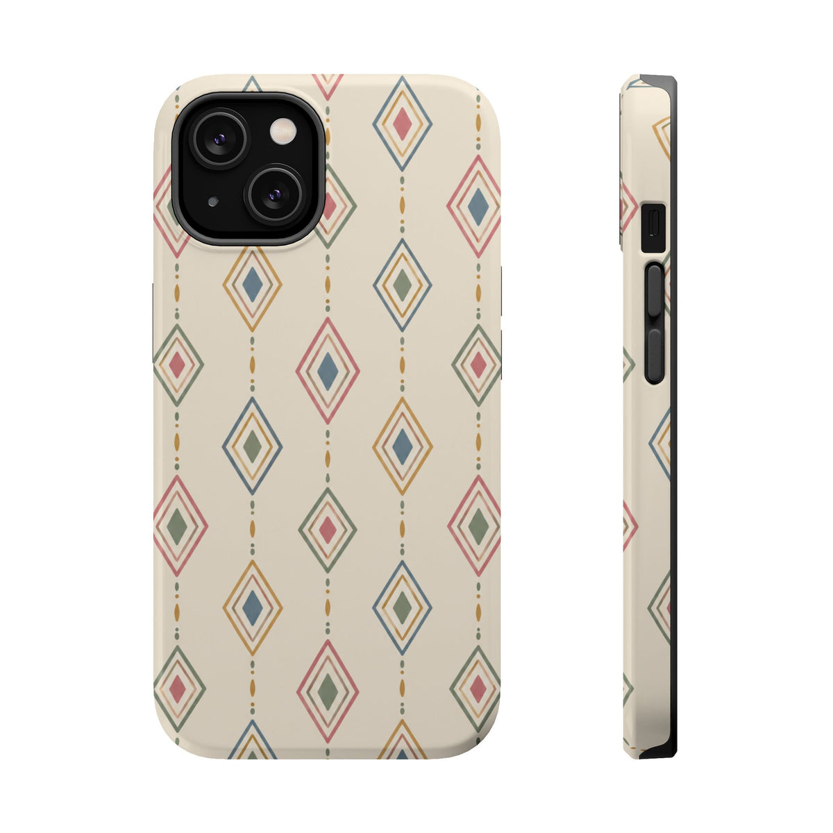 Desert Diamonds – Pastel Geometric Pattern MagSafe Phone Case, glossy iPhone 14, rear and side profile