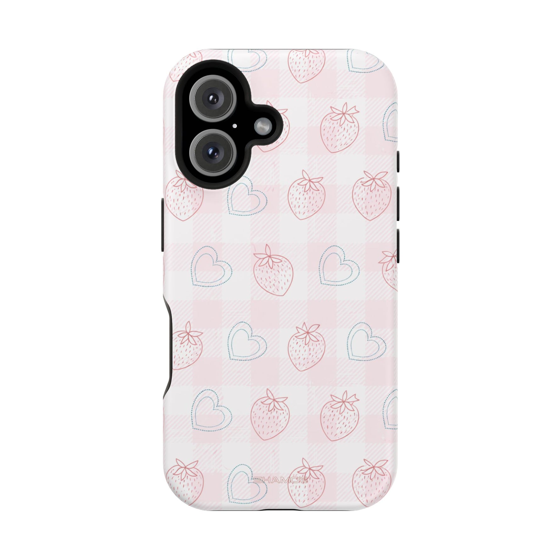 Strawberry Hearts MagSafe Compatible Phone Case | 'Paint it your way' Pink Plaid Impact-Resistant