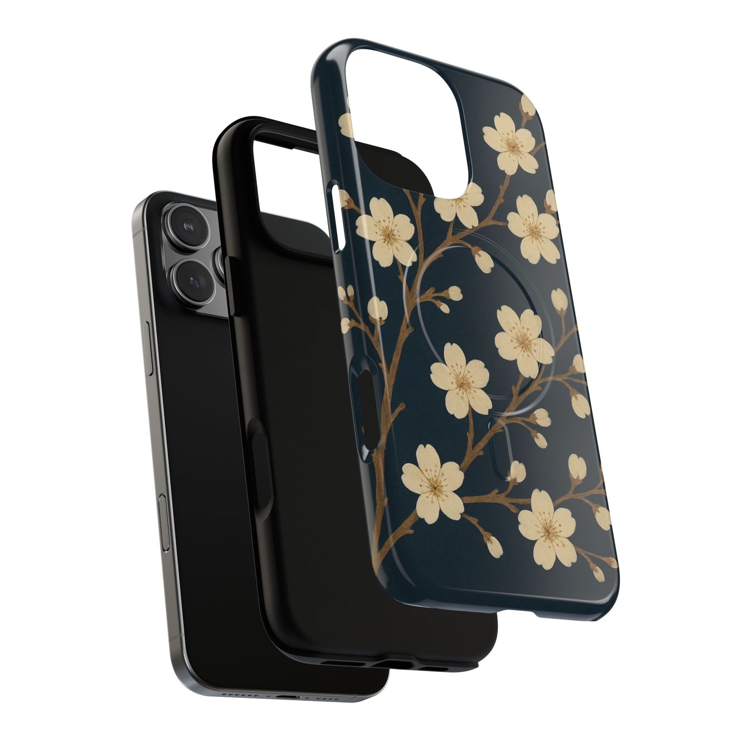 Navy Cherry Blossom Floral iPhone Case - Compatible with MagSafe