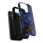 iPhone with two protective cases, showing a variant size case with blue floral design on black background