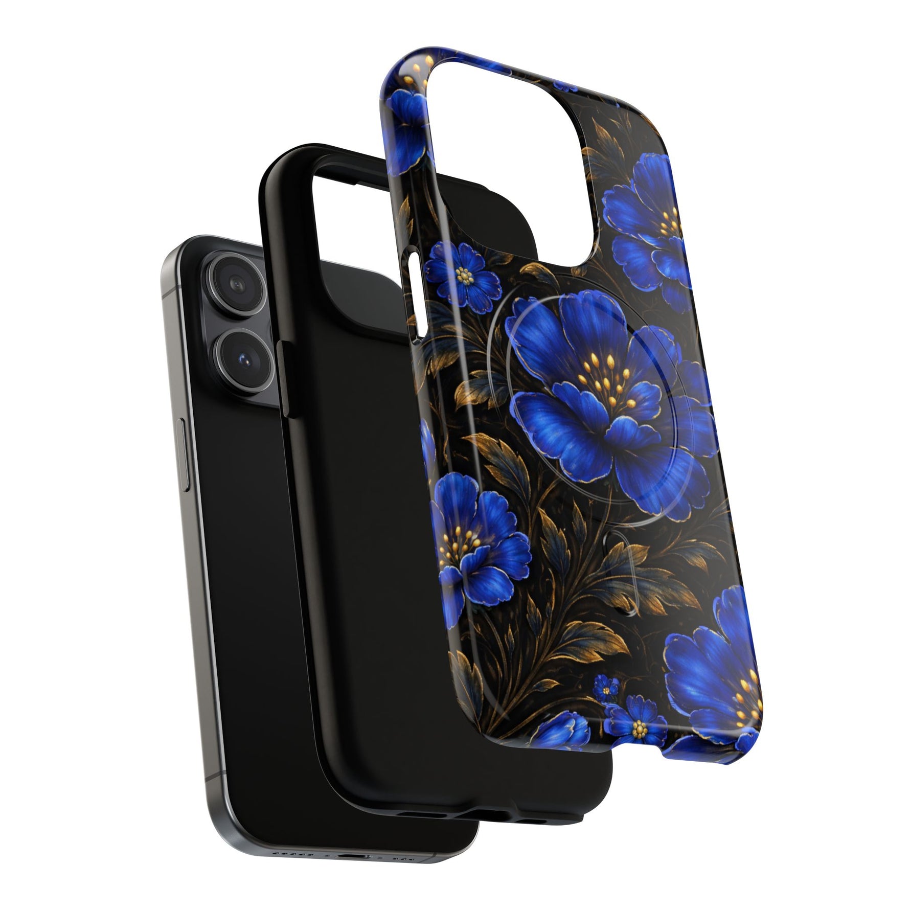 iPhone with two protective cases, showing a variant size case with blue floral design on black background