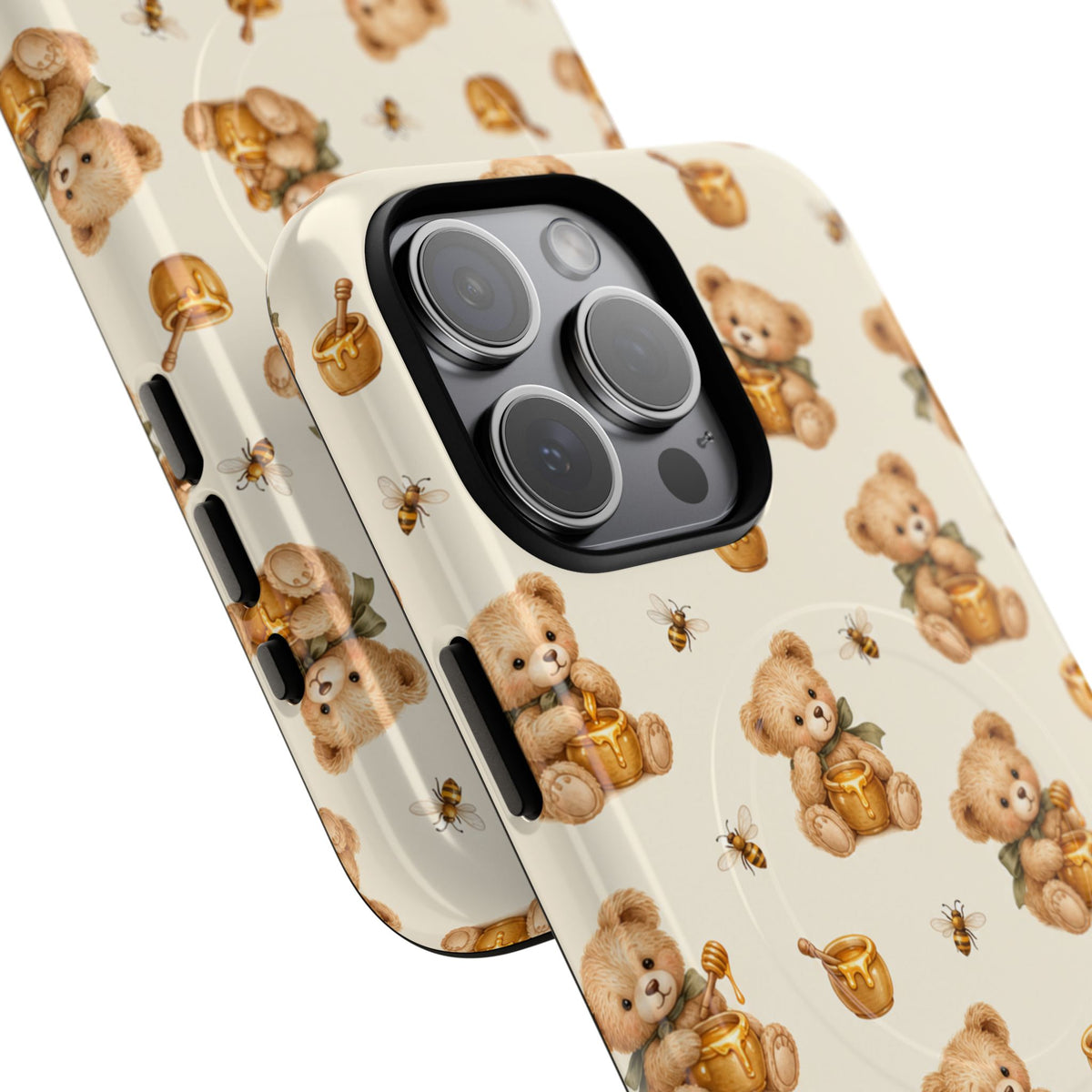 Honingknuffelbeer iPhone-hoesje — ontwerp met gele bij en honingpot met MagSafe