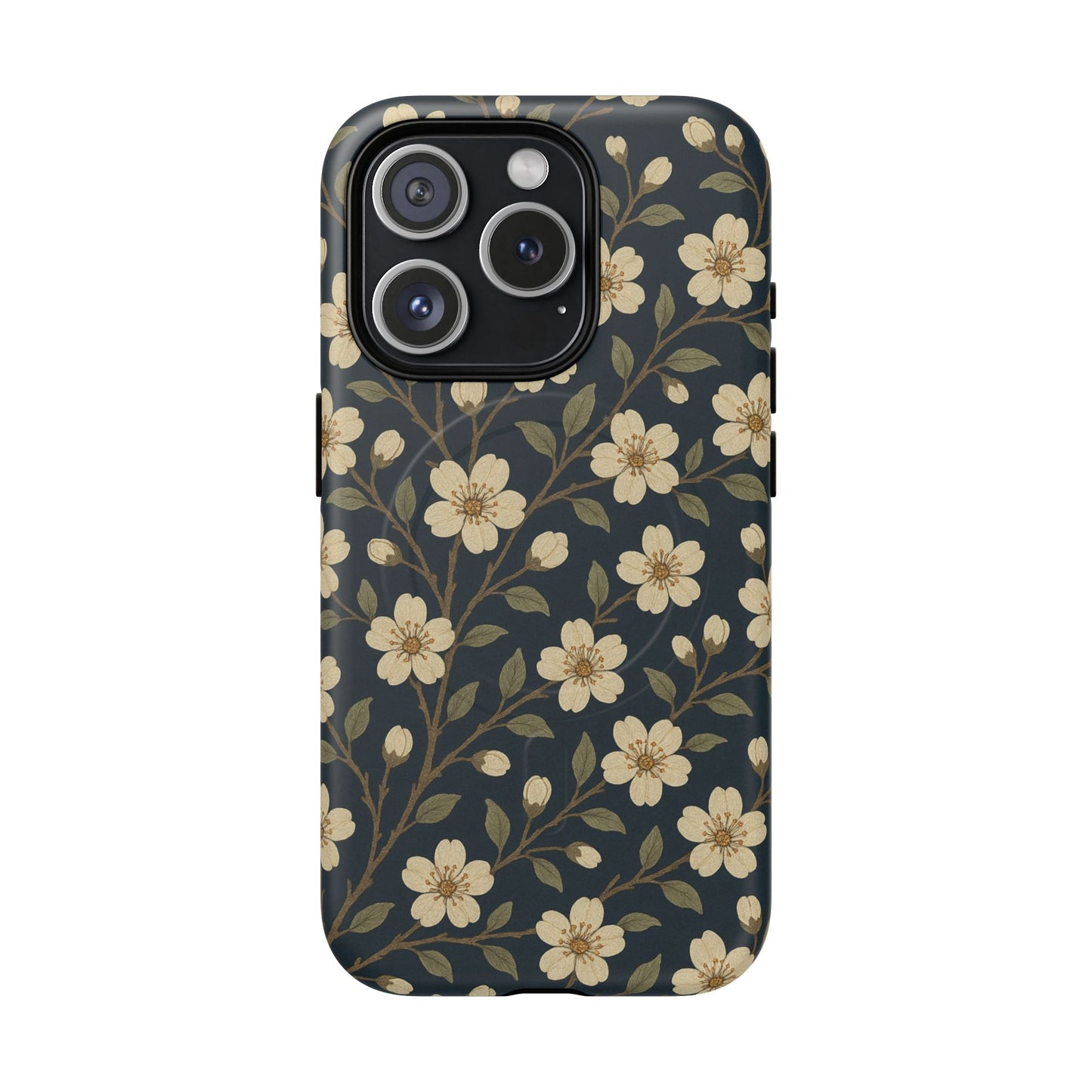 Navy Cherry Blossom Floral iPhone Case - Compatible with MagSafe