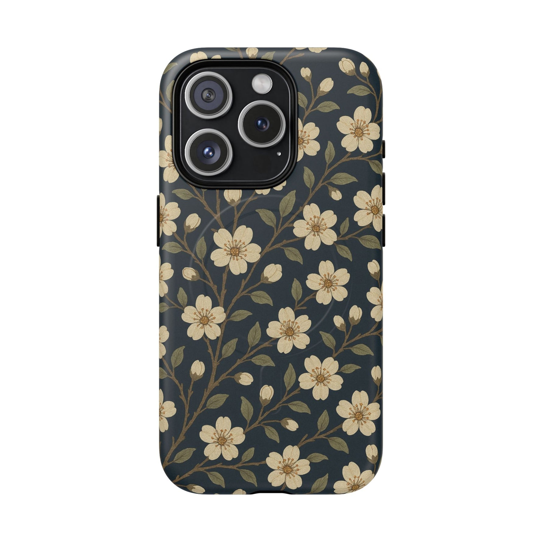 Navy Cherry Blossom Floral iPhone Case - Compatible with MagSafe - Shamo's