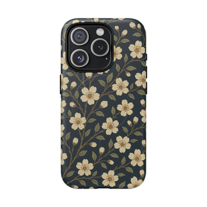 Navy Cherry Blossom Floral iPhone Case - Compatible with MagSafe